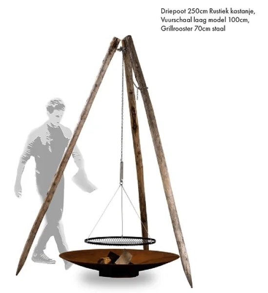 Dreibein Hängegrill-Stativ aus rustikalem Kastanienholz - 250 cm